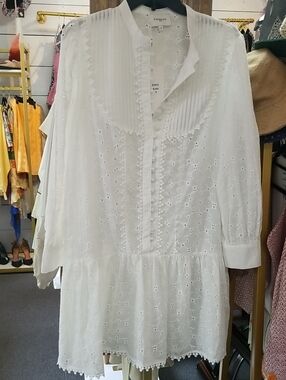 White Eyelet Long-Sleeve Tunic Dress - Classic Cotton